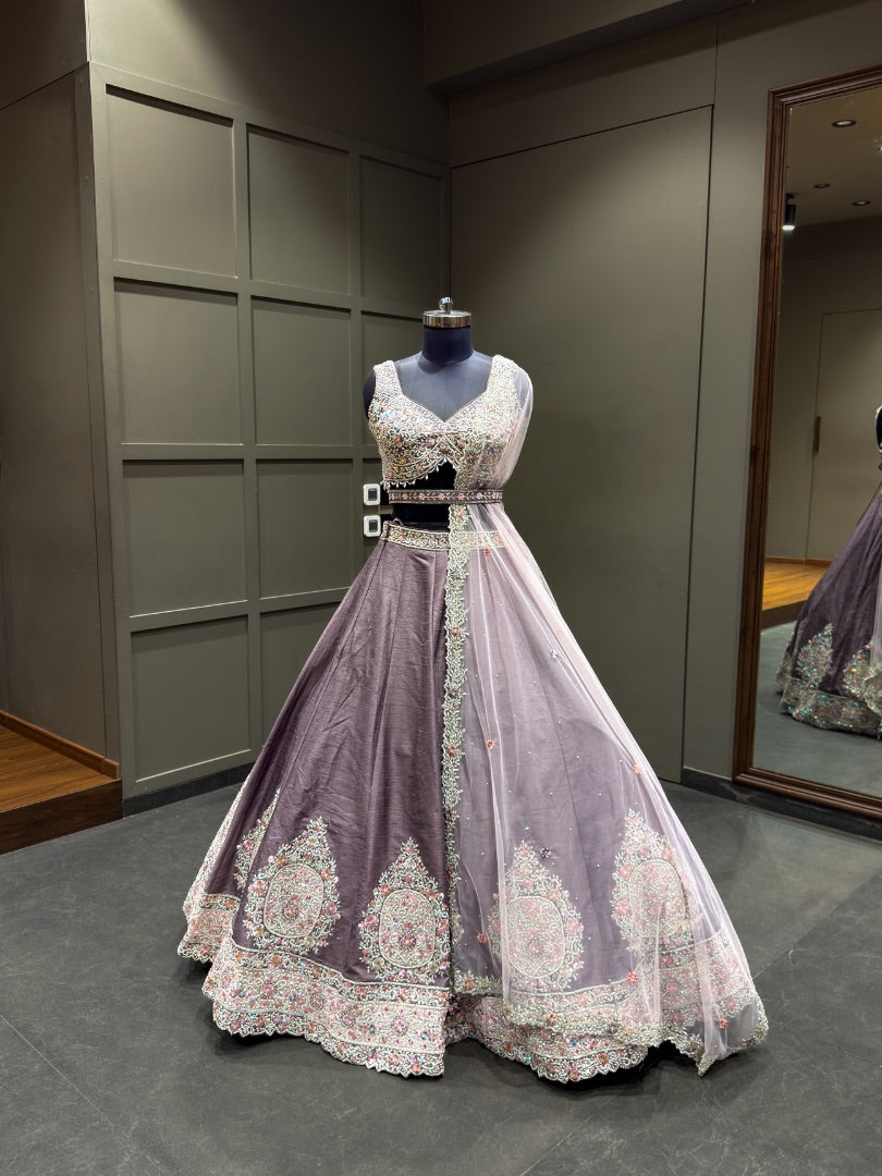 Dusty Mauve Embroidered Designer Lehenga Choli Set with Soft Net Dupatta