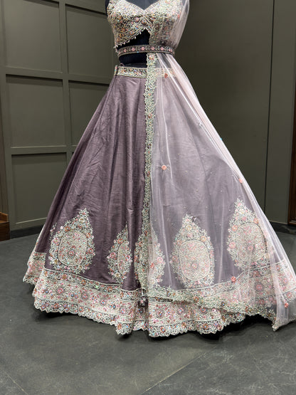 Dusty Mauve Embroidered Designer Lehenga Choli Set with Soft Net Dupatta