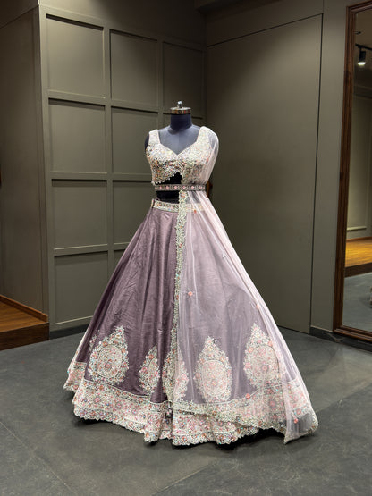 Dusty Mauve Embroidered Designer Lehenga Choli Set with Soft Net Dupatta