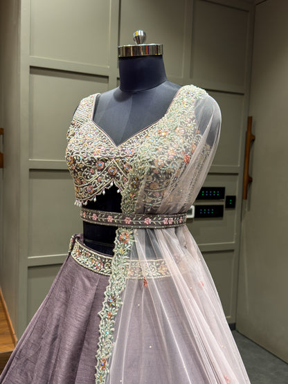 Dusty Mauve Embroidered Designer Lehenga Choli Set with Soft Net Dupatta