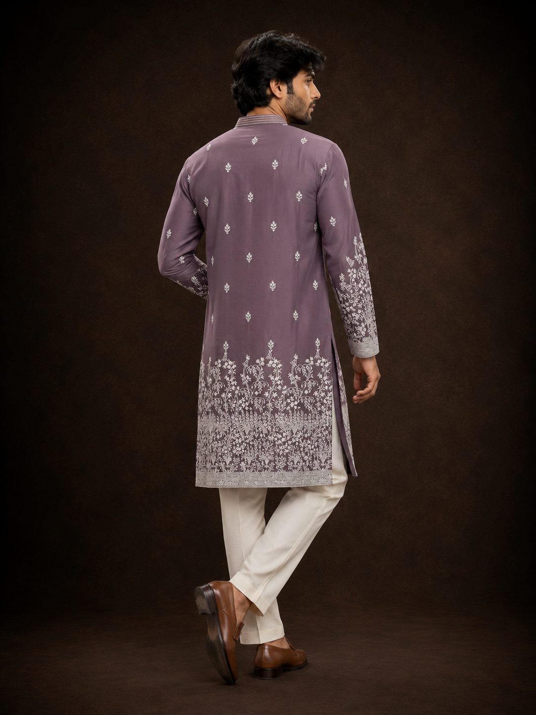 Dusty Mauve Embroidered Kurta for Men with Floral Border Design and Butti Work