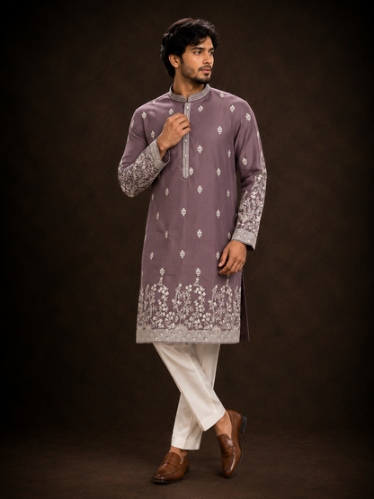 Dusty Mauve Embroidered Kurta for Men with Floral Border Design and Butti Work