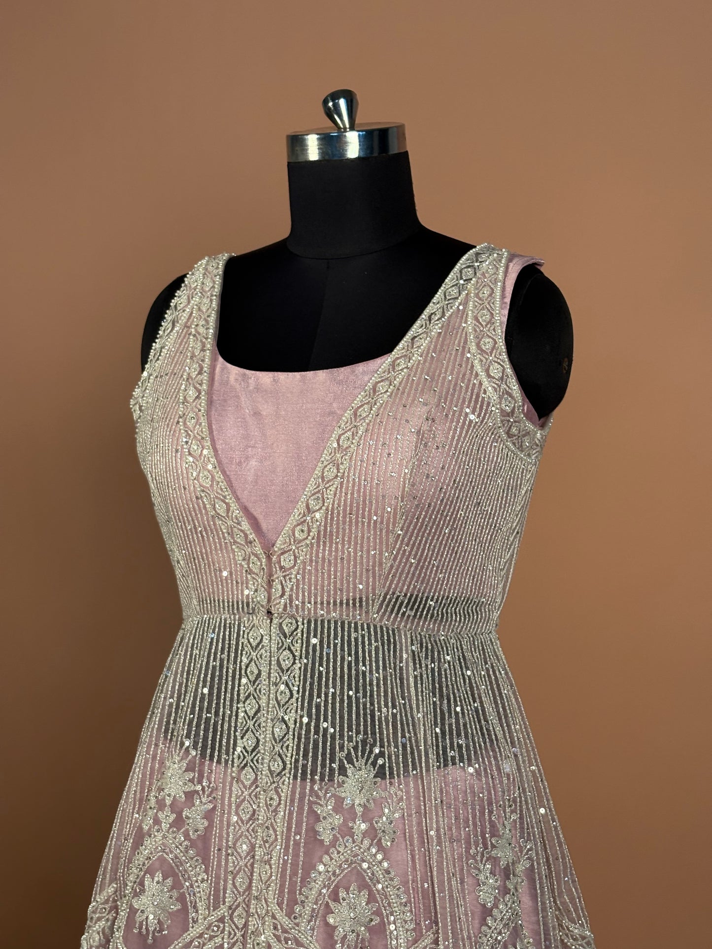Dusty Mauve Layered Anarkali Set with Heavy Thread & Zari Embroidery