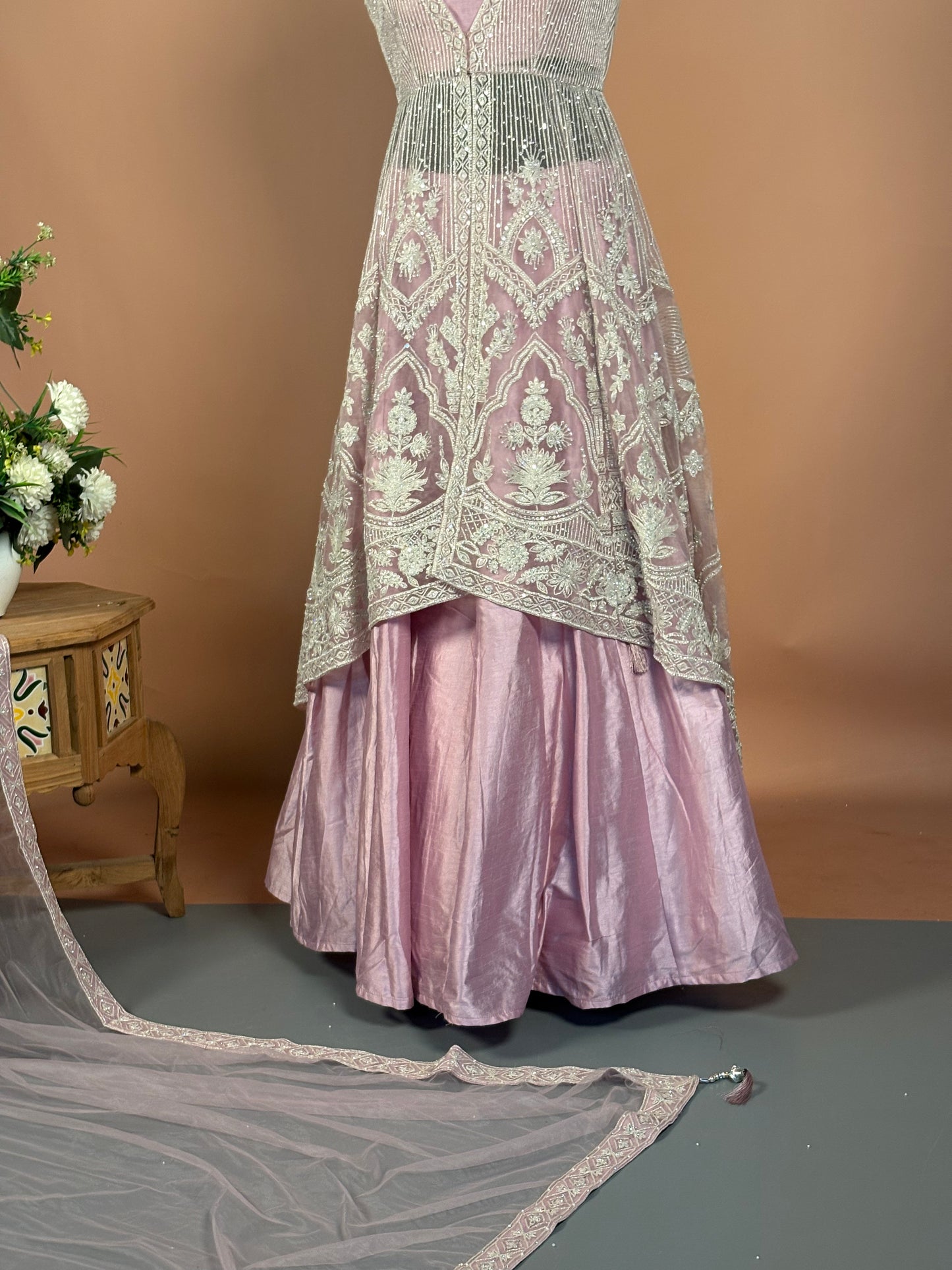 Dusty Mauve Layered Anarkali Set with Heavy Thread & Zari Embroidery