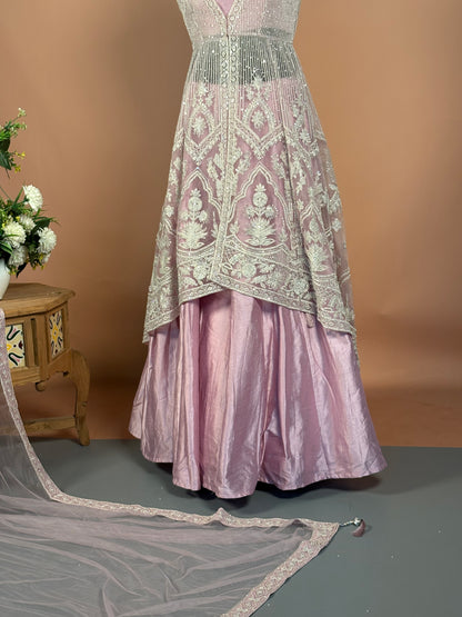 Dusty Mauve Layered Anarkali Set with Heavy Thread & Zari Embroidery