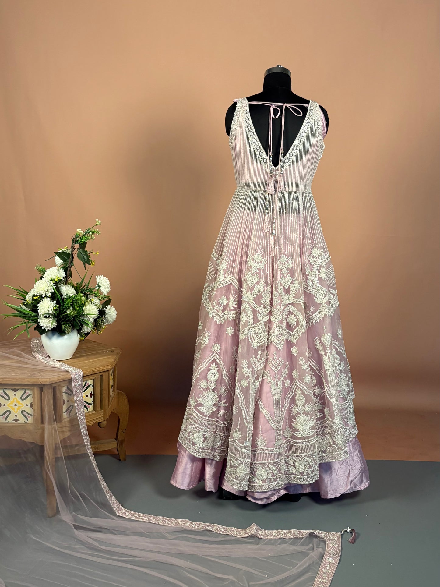 Dusty Mauve Layered Anarkali Set with Heavy Thread & Zari Embroidery