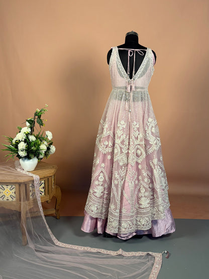 Dusty Mauve Layered Anarkali Set with Heavy Thread & Zari Embroidery