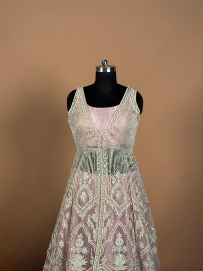 Dusty Mauve Layered Anarkali Set with Heavy Thread & Zari Embroidery