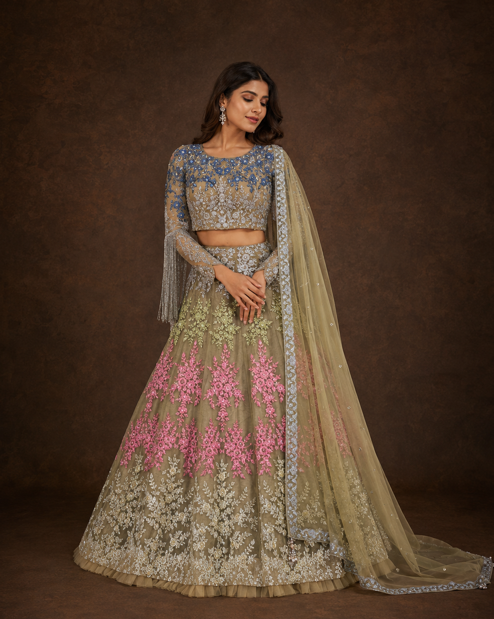 Dusty Olive Grey Floral Embroidered Lehenga Choli with Royal Blue Sequin Blouse and Tassel Sleeves
