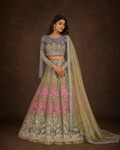 Dusty Olive Grey Floral Embroidered Lehenga Choli with Royal Blue Sequin Blouse and Tassel Sleeves