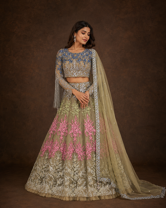 Dusty Olive Grey Floral Embroidered Lehenga Choli with Royal Blue Sequin Blouse and Tassel Sleeves