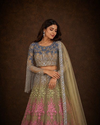Dusty Olive Grey Floral Embroidered Lehenga Choli with Royal Blue Sequin Blouse and Tassel Sleeves