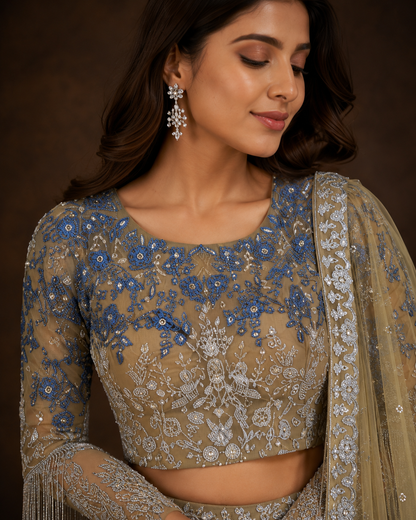 Dusty Olive Grey Floral Embroidered Lehenga Choli with Royal Blue Sequin Blouse and Tassel Sleeves