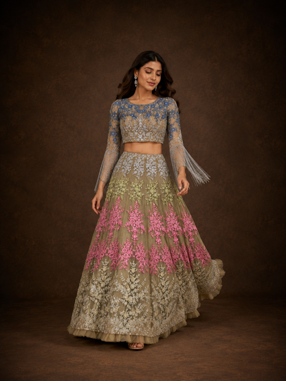 Dusty Olive Grey Floral Embroidered Lehenga Choli with Royal Blue Sequin Blouse and Tassel Sleeves