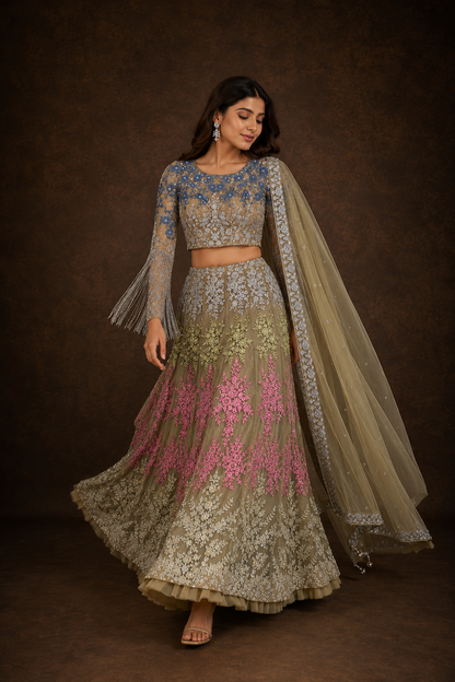 Dusty Olive Grey Floral Embroidered Lehenga Choli with Royal Blue Sequin Blouse and Tassel Sleeves