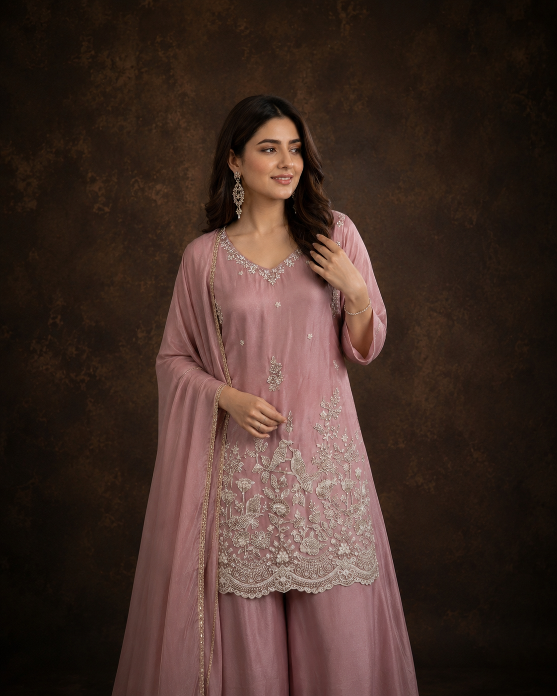 Dusty Pink Embroidered Straight Kurti Palazzo Set with Floral Thread Work and Dupatta