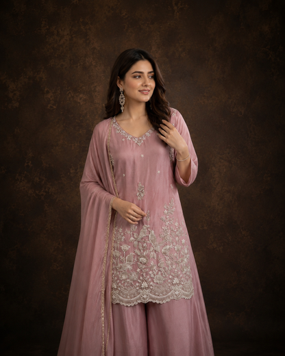 Dusty Pink Embroidered Straight Kurti Palazzo Set with Floral Thread Work and Dupatta