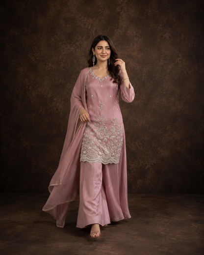 Dusty Pink Embroidered Straight Kurti Palazzo Set with Floral Thread Work and Dupatta
