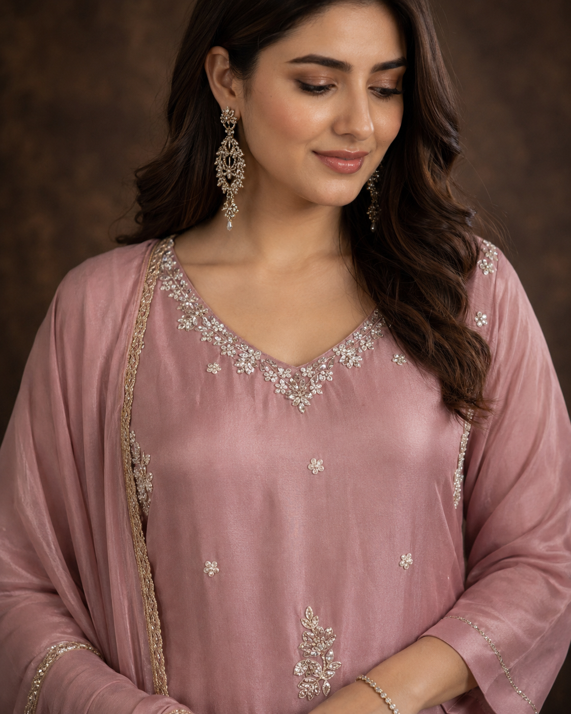 Dusty Pink Embroidered Straight Kurti Palazzo Set with Floral Thread Work and Dupatta