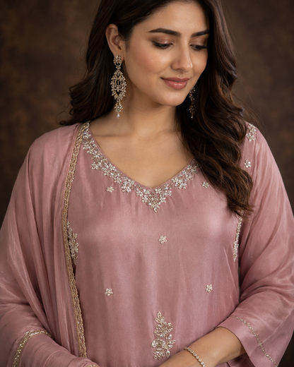 Dusty Pink Embroidered Straight Kurti Palazzo Set with Floral Thread Work and Dupatta