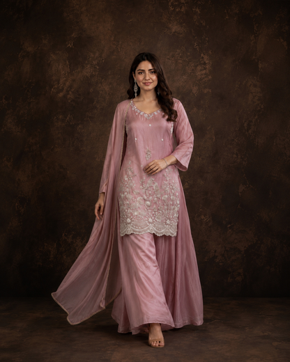 Dusty Pink Embroidered Straight Kurti Palazzo Set with Floral Thread Work and Dupatta