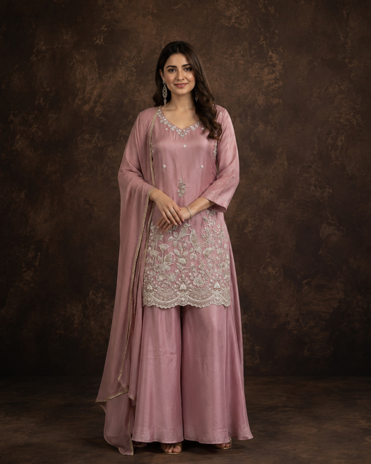Dusty Pink Embroidered Straight Kurti Palazzo Set with Floral Thread Work and Dupatta