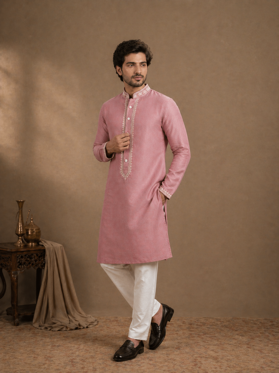 Dusty Pink Linen Embroidered Kurta Set