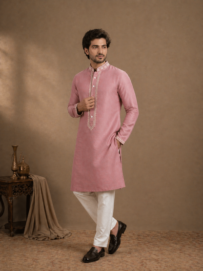 Dusty Pink Linen Embroidered Kurta Set