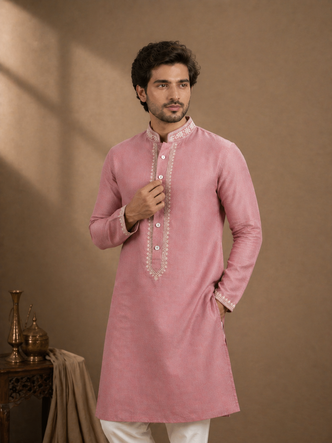 Dusty Pink Linen Embroidered Kurta Set