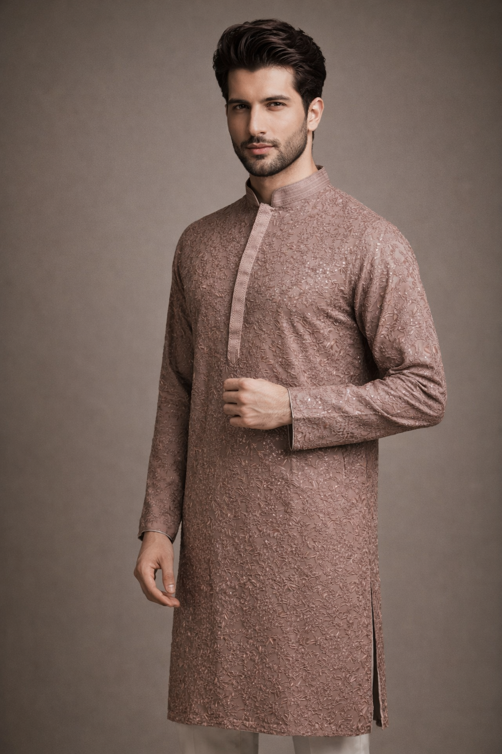 Dusty Rose Beige Floral Embroidered Kurta Set
