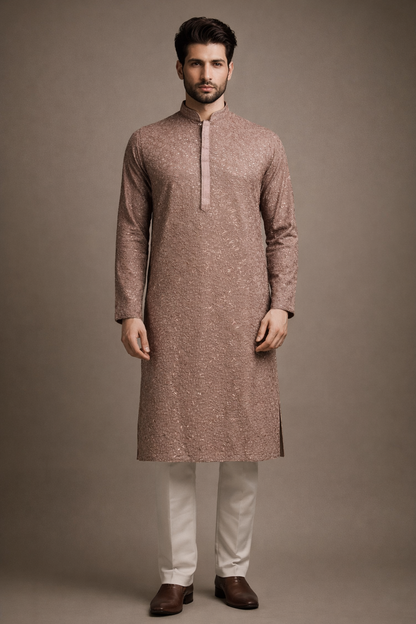 Dusty Rose Beige Floral Embroidered Kurta Set