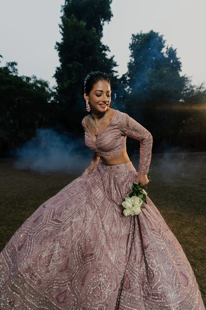 Dusty Rose Net Lehenga with Sequin Embroidery