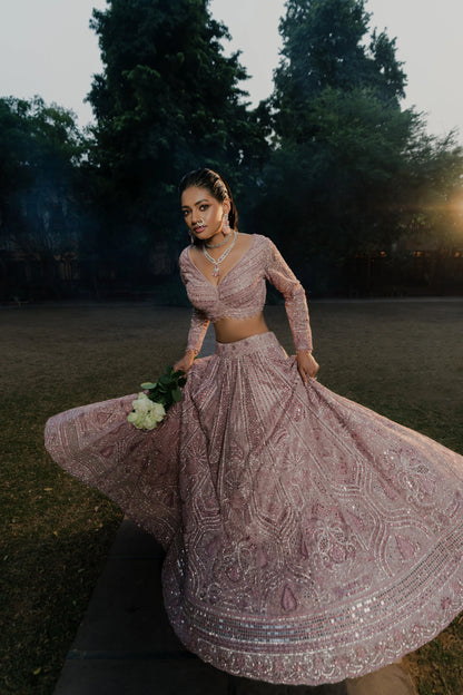 Dusty Rose Net Lehenga with Sequin Embroidery