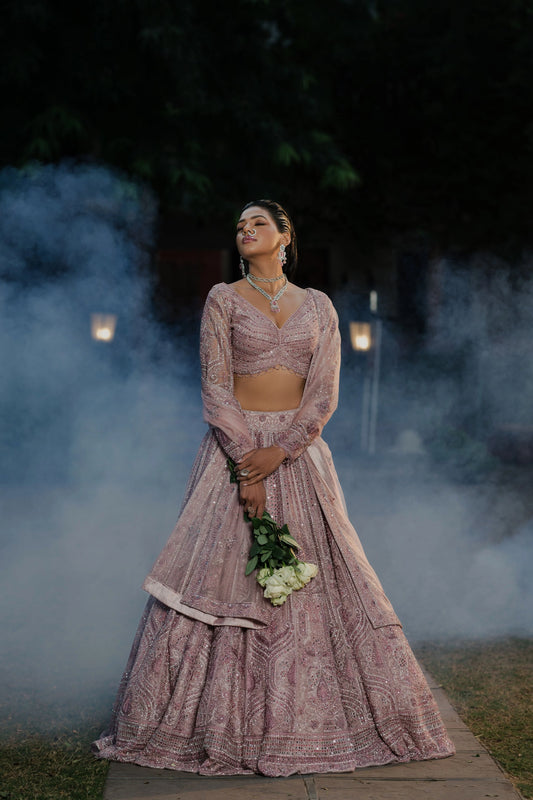Dusty Rose Net Lehenga with Sequin Embroidery