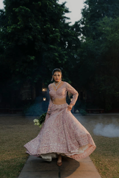 Dusty Rose Net Lehenga with Sequin Embroidery