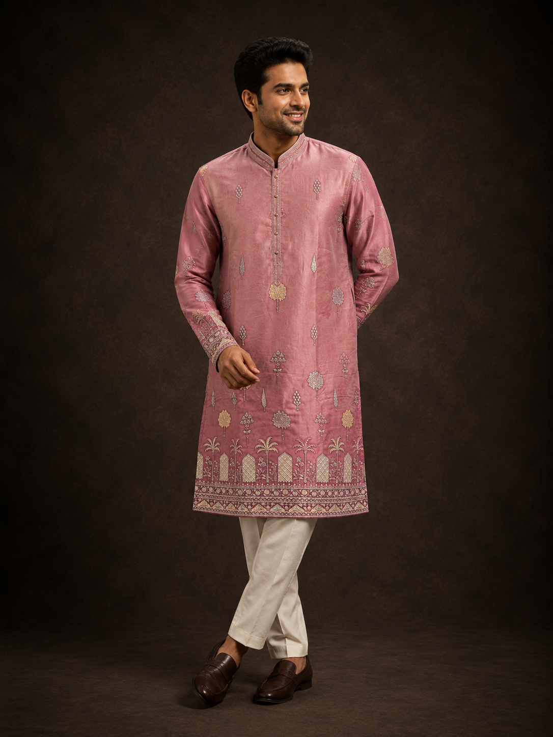 Dusty Rose Pink Embroidered Silk Kurta for Men with Mughal Garden Motif Design