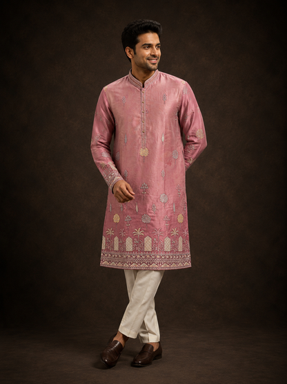 Dusty Rose Pink Embroidered Silk Kurta for Men with Mughal Garden Motif Design
