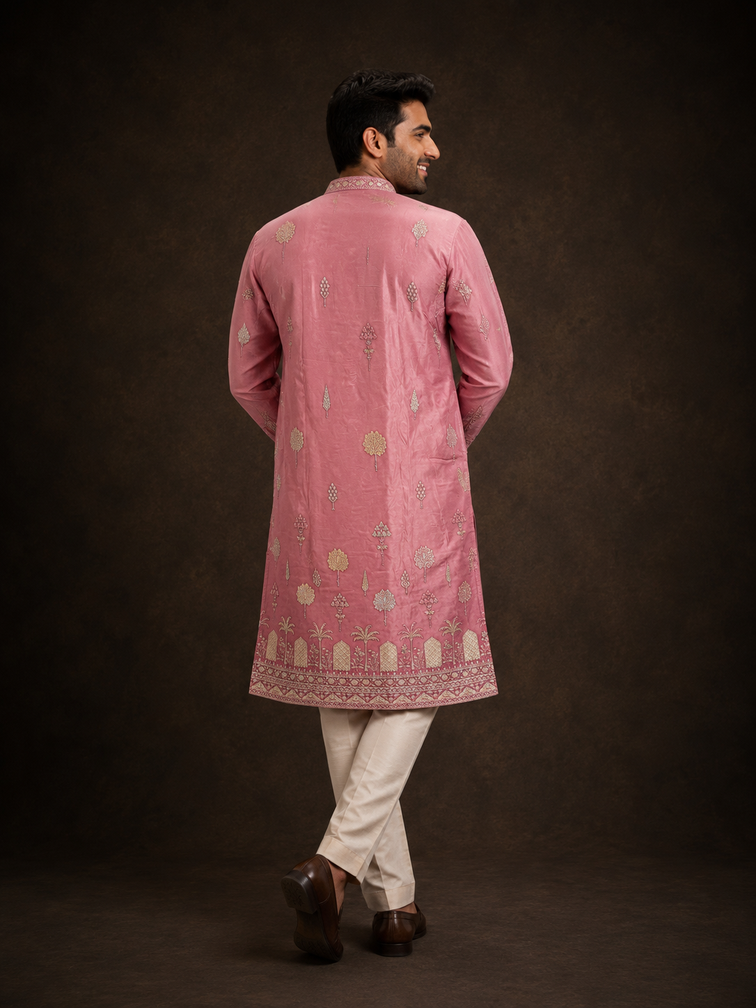 Dusty Rose Pink Embroidered Silk Kurta for Men with Mughal Garden Motif Design