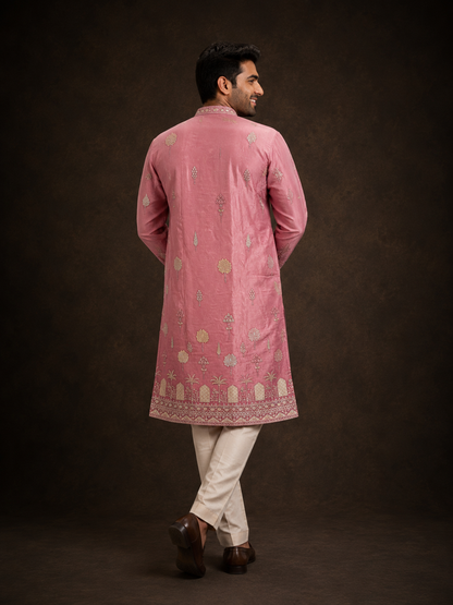 Dusty Rose Pink Embroidered Silk Kurta for Men with Mughal Garden Motif Design