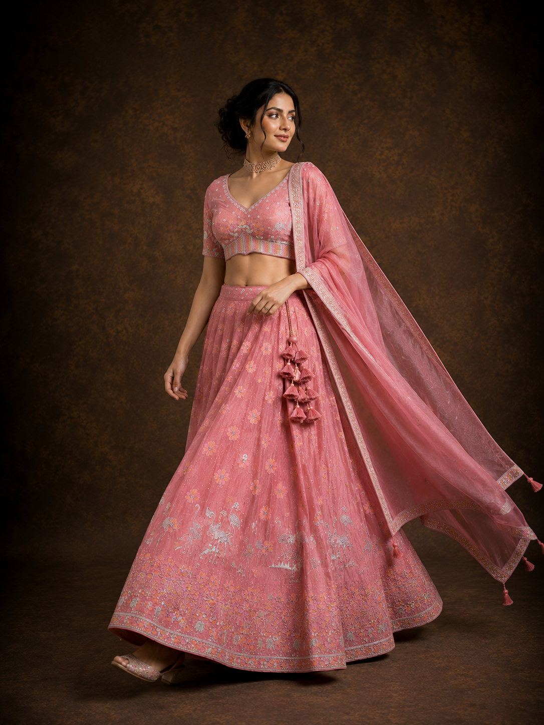 Dusty Rose Pink Floral Embroidered Silk Lehenga Set