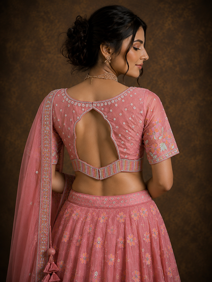 Dusty Rose Pink Floral Embroidered Silk Lehenga Set