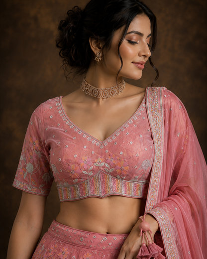 Dusty Rose Pink Floral Embroidered Silk Lehenga Set