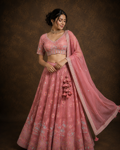 Dusty Rose Pink Floral Embroidered Silk Lehenga Set