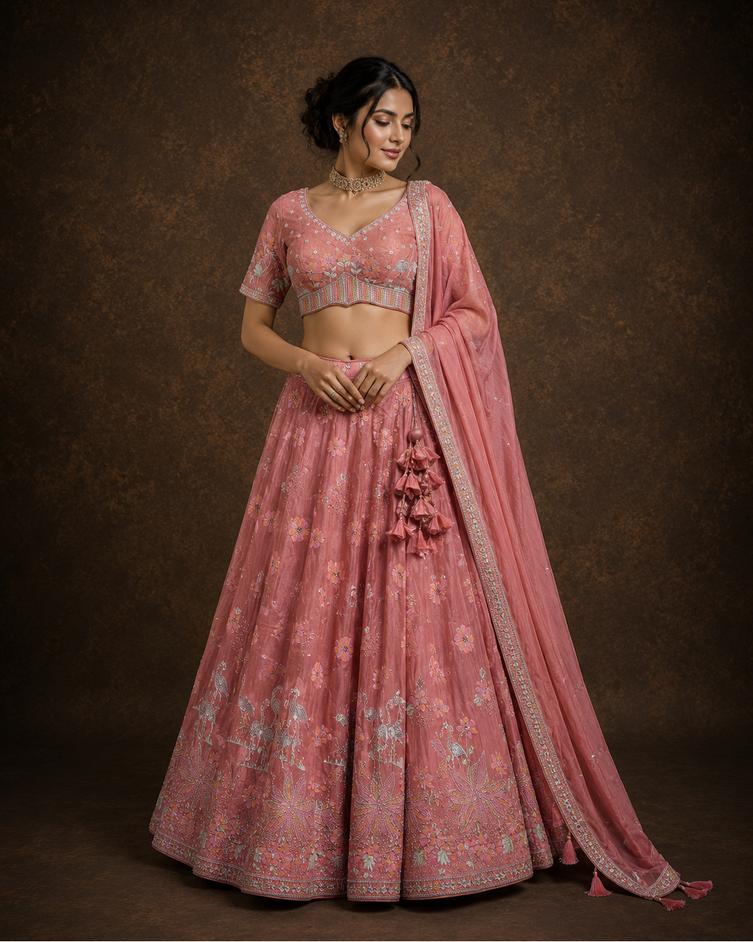 Dusty Rose Pink Floral Embroidered Silk Lehenga Set