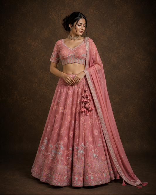 Dusty Rose Pink Floral Embroidered Silk Lehenga Set