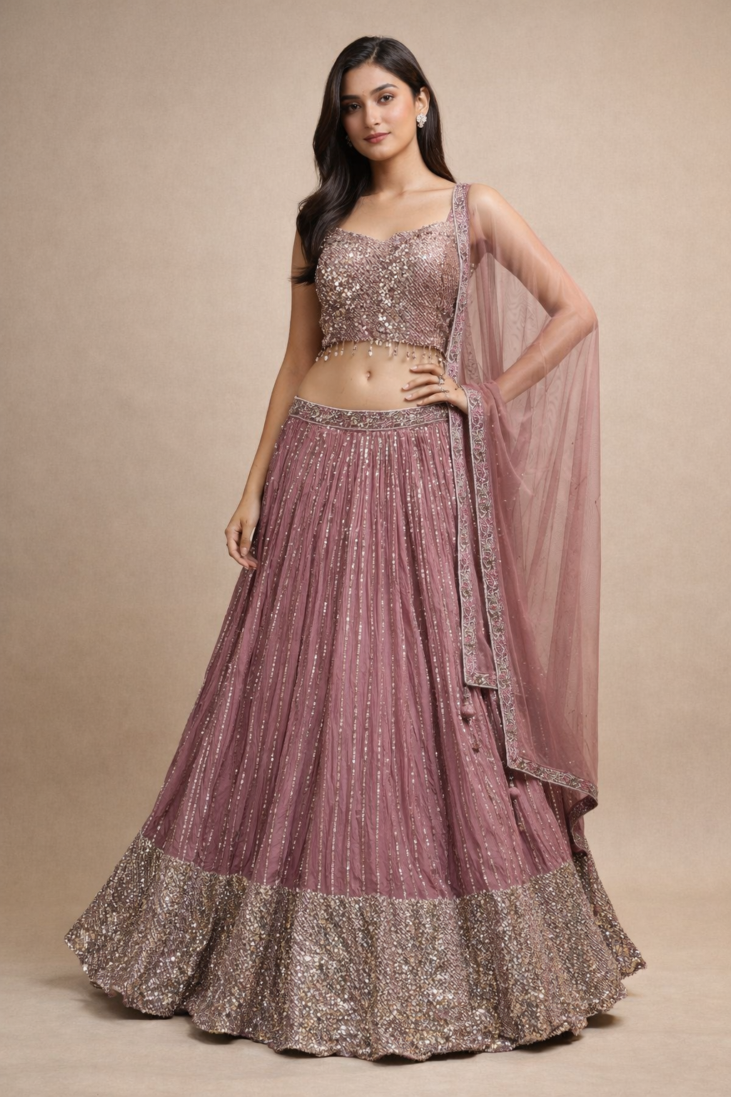Dusty Rose Pink Sequin Embroidered Lehenga Set with Net Dupatta