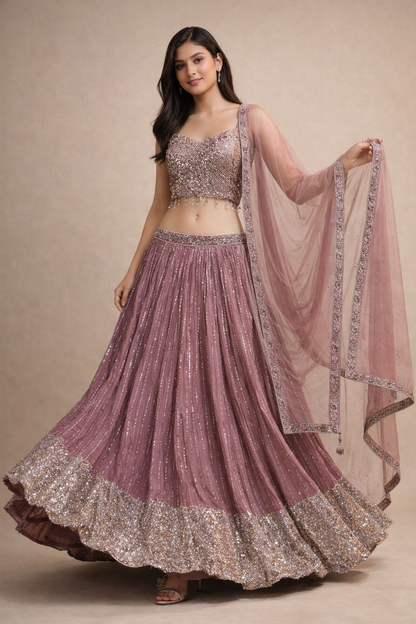 Dusty Rose Pink Sequin Embroidered Lehenga Set with Net Dupatta
