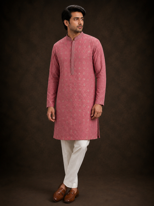 Dusty Rose Self Pattern Printed Kurta with Tonal Floral Geometric Design