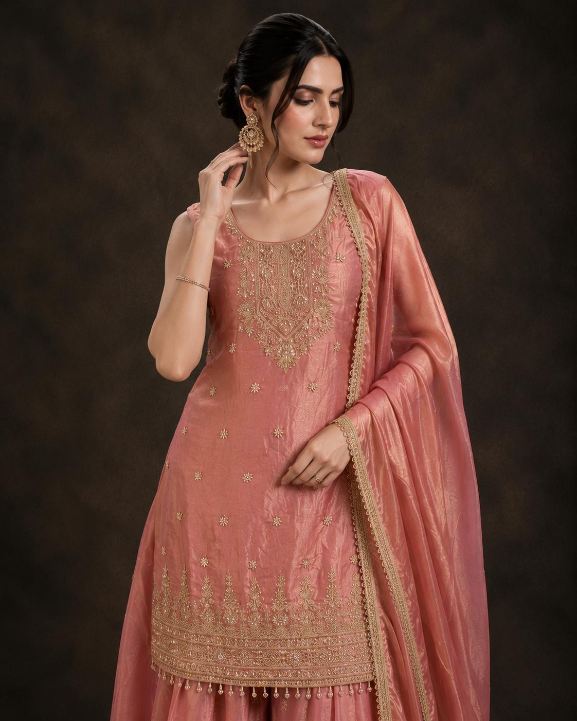Dusty Rose Tissue Silk Embroidered Kurti Palazzo Set