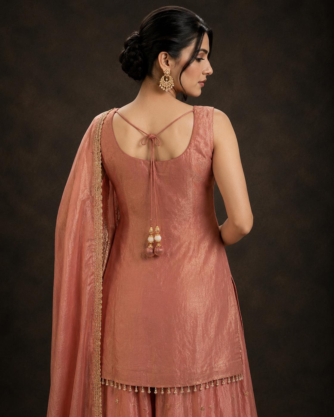 Dusty Rose Tissue Silk Embroidered Kurti Palazzo Set